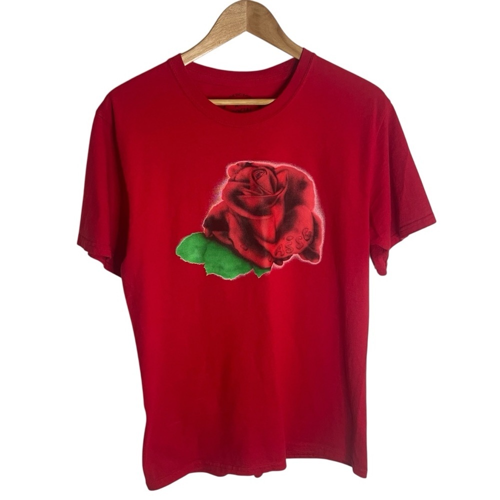 Anti Social Social Club Vibrant Red Tee With Rose On Front Size M